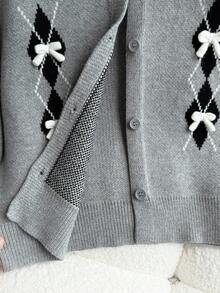 Genkimix Kids 少女菱形花纹蝴蝶结装饰长袖单排扣针织开衫，秋季