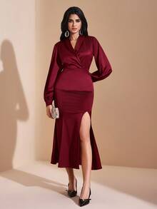 JIAN LASALA Mid-Waist Flared Midi Satin Skirt With High Slit Women Autumn Elegant Party New Year Outfits Wedding Guest Luxury Stylish Clothing Collection - Burgundy - View 2