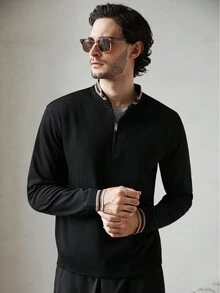 Manfinity CityGents Men's Striped Stand Collar Half Zip Front Casual Knit Sweater Mock Neck Men, Old Money , Fall Winter