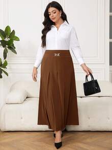 Modelyn Plus Size Autumn Simple Metal Decor Pleated Skirt - Brown - View 4