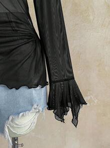 Soleia Plus Size Women Vacation Mesh Floral Print V-Neck Bowknot Asymmetrical Flare Sleeve Asymmetric Ruched Hem T-Shirt