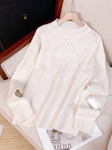 Franclia Women's Autumn Dropped Shoulder Long Sleeve Crochet Hollow Out Stand Collar Sweater - White - View 3