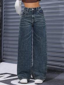 SHEIN ICON Women's High Waist Pocketed Wide Leg Loose Casual Versatile Denim Pants - Blue - View 6