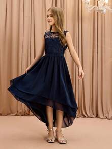 Girls' Sleeveless Lace Chiffon Dress, Big Tween Girl Long Chiffon Sister Dress, Holiday Party Princess Gown - Blue - View 4