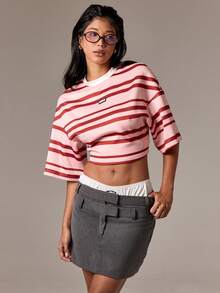 AiiRZ 超大号短款 T 恤条纹图案半袖立领宽松休闲夏季春季上衣现代街头服饰 - 粉色 - 查看 5