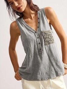 Bohemela Boho Countryside Vacation Style Solid Color Washed Knit Patchwork Crochet Pocket V-Neck Sleeveless Fitted Women Tank Top - Grey - View 6