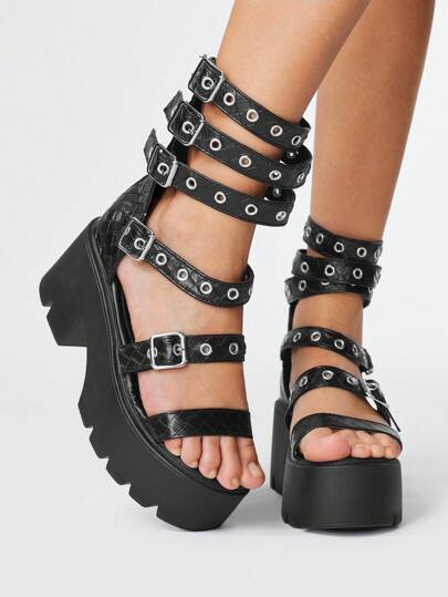 Grunge Punk Women's Dark Rock Punk Goth Shoes, Summer Open Toe Buckle Strap Roman Beach Sandals, Thick Heel Student Platform Sandals, Halloween