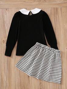 SHEIN Tween Girl Peter Pan Collar Tee & Houndstooth Pleated Skirt - Black - View 7