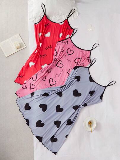 SHEIN 3pcs Plus Size Young Casual Heart Print Knit Camisole Nightgown Set Pajama Sets For Women Sleeveless Heart Pajama Set Tank Top Pj Set Sleepwear Cute Sleepwear  Cozy And Elegant Details