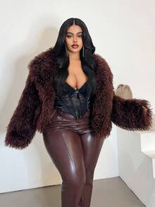 Maweii Plus Size Women Fluffy Curly Faux Fur French Elegant V-Neck Short Loose Burgundy Winter Jacket - Burgundy - View 1