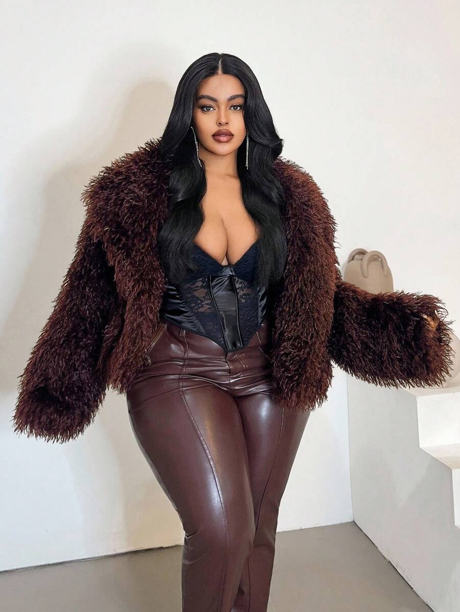 Maweii Plus Size Women Fluffy Curly Faux Fur French Elegant V-Neck Short Loose Burgundy Winter Jacket - Burgundy - View 1