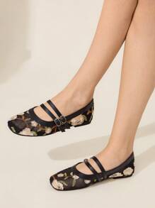 CUCCOO CHICEST Giày bệt mũi tròn thêu vải lưới màu đen thời trang thanh lịch tối giản thoải mái thoáng khí có dây khóa đôi cho nữ - màu đen - Xem 3