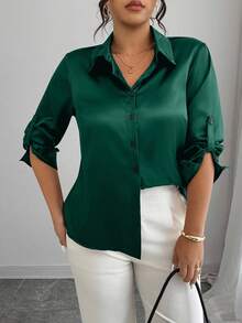 Elenzga Áo sơ mi poplin trơn bóng thanh lịch cỡ lớn dành cho người đi làm - màu xanh lá - Xem 3