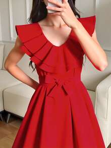 Teen Girl Summer Solid Color Splice Double-Layer Ruffle Hem Elegant And Simple Dress - Red - View 6