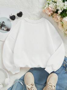 Young Girl Casual Cartoon Pattern Long Sleeve Crew Neck Sweatshirt, Suitable For Autumn/Winter, Heart Print, Suitable For Social & Leisure Fall - White - View 2