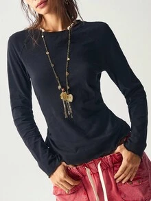 Bohemela 休闲纯色针织圆领插肩袖修身女式T恤 - 黑色 - 查看 7