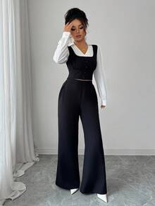 Elenzga 2pcs Women's Elegant Patchwork Striped Collar Shirt + Pants Set - Multicolor - View 6