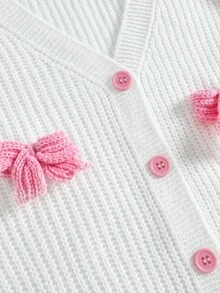 SHEIN Girlism Teen Girls Pink Three-Dimensional Bow Accessories Cute Minimalist Cardigan, Long Sleeve Tops,Suitable For Autumn And Winter Girls Cardigan With Bows Kids Bow Cardigan Cute Cardigan For Girls Girls White Cardigan Pink And White Cardigan Fall Pink Bow Cardigan Cardigans For Girls - White - View 5