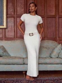 Athîral Damen Lässig einfarbiges Kurzarm figurbetontes Pulloverkleid, ohne Gürtel, Herbst/Winter - Weiss - Übersicht 2