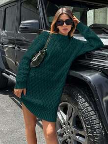 EURMUSE Women's Solid Color Crew Neck Long Sleeve Pullover Sweater Dress, Fashionable For Autumn/Winter - Dark Green - View 4