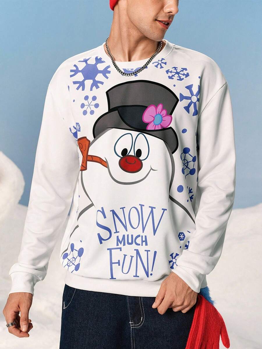Frosty the Snowman X SHEIN Men's Casual Snowman Pattern Crew Neck Sweatshirt, Autumn - White - View 1