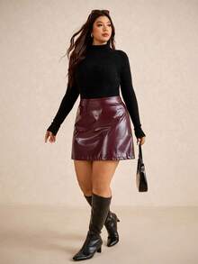 Elaquor 秋季休闲大码弹力腰PU皮裙 - 酒紅色 - 查看 5