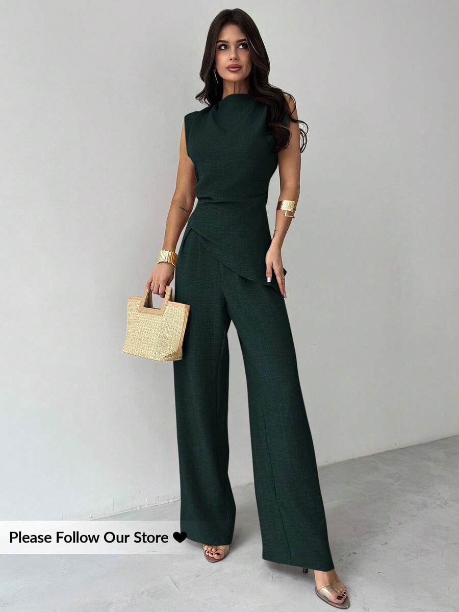 Firerie Khaki Minimalist Elegant Casual Commute Office Outfit: Sleeveless Asymmetric Ruched Waist Women's Blouse + Regular Ruched Wide Leg Women's Pants, Linen Commute Suit, Beach Outfits For Women, Airport Outfit, Vacation Outfits, Teacher Outfit - Teal Blue - View 1
