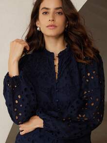 Aveloria Rosie New Autumn French Style Casual Luxury Embroidered Hollow-Out Pleated Front Long Sleeve Blouse Fall Cloth For Women - Navy Blue - View 2