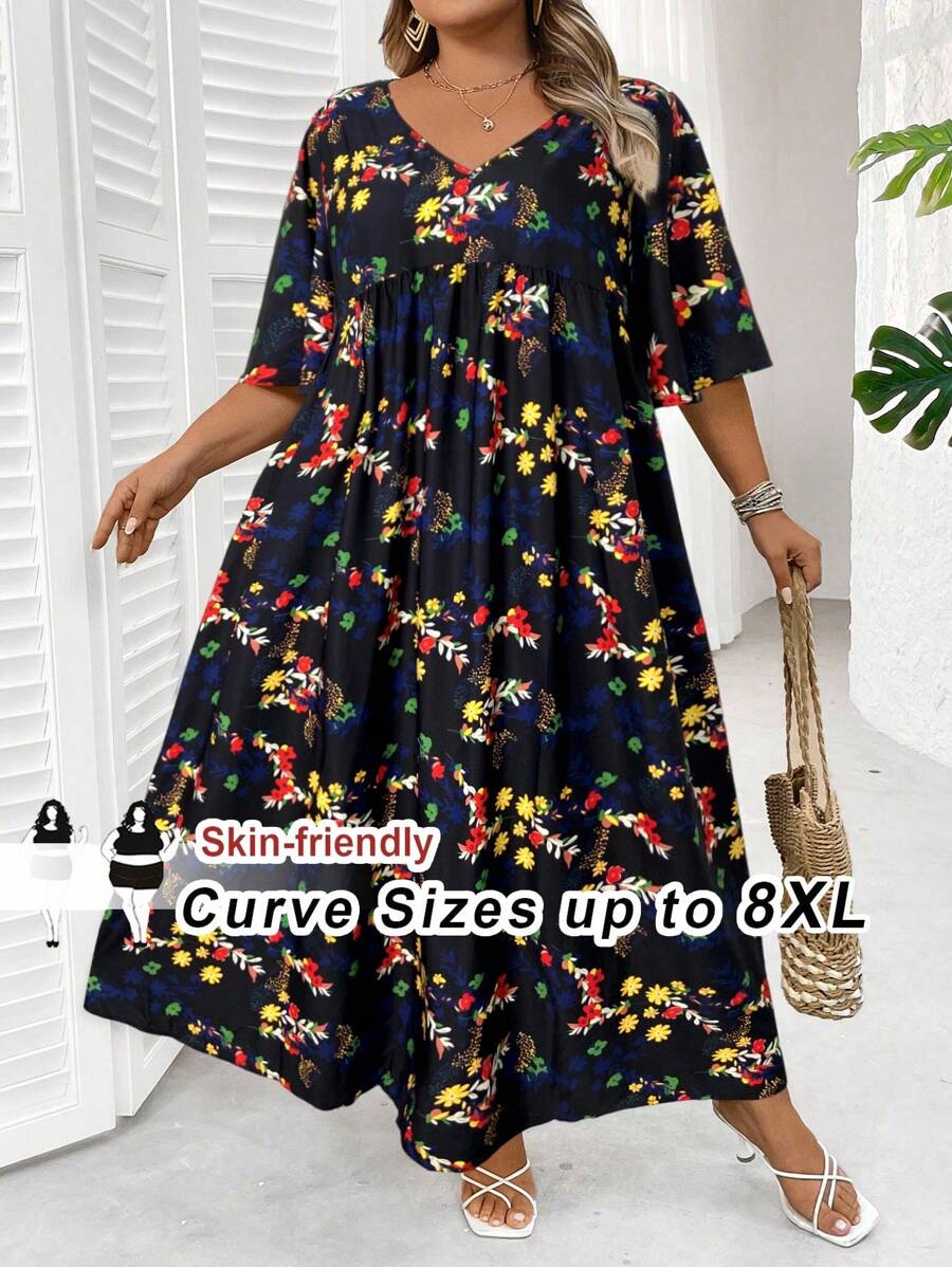 SHEIN CURVE+ 大码花卉印花休闲度假连衣裙夏季/乡村/海滩度假装/沙滩装/沙滩装 - 黑色 - 查看 1
