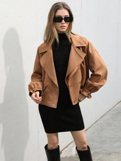 Aveloria Modichic Classic Suede Collar Fashion Versatile Motorcycle Jacket, European And American Style Design For Women Fall Winter Cloth For Women