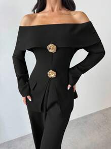 Firerie 2 件套女士优雅露肩长袖上衣和裤子套装，适合秋冬季通勤 - 黑色 - 查看 5