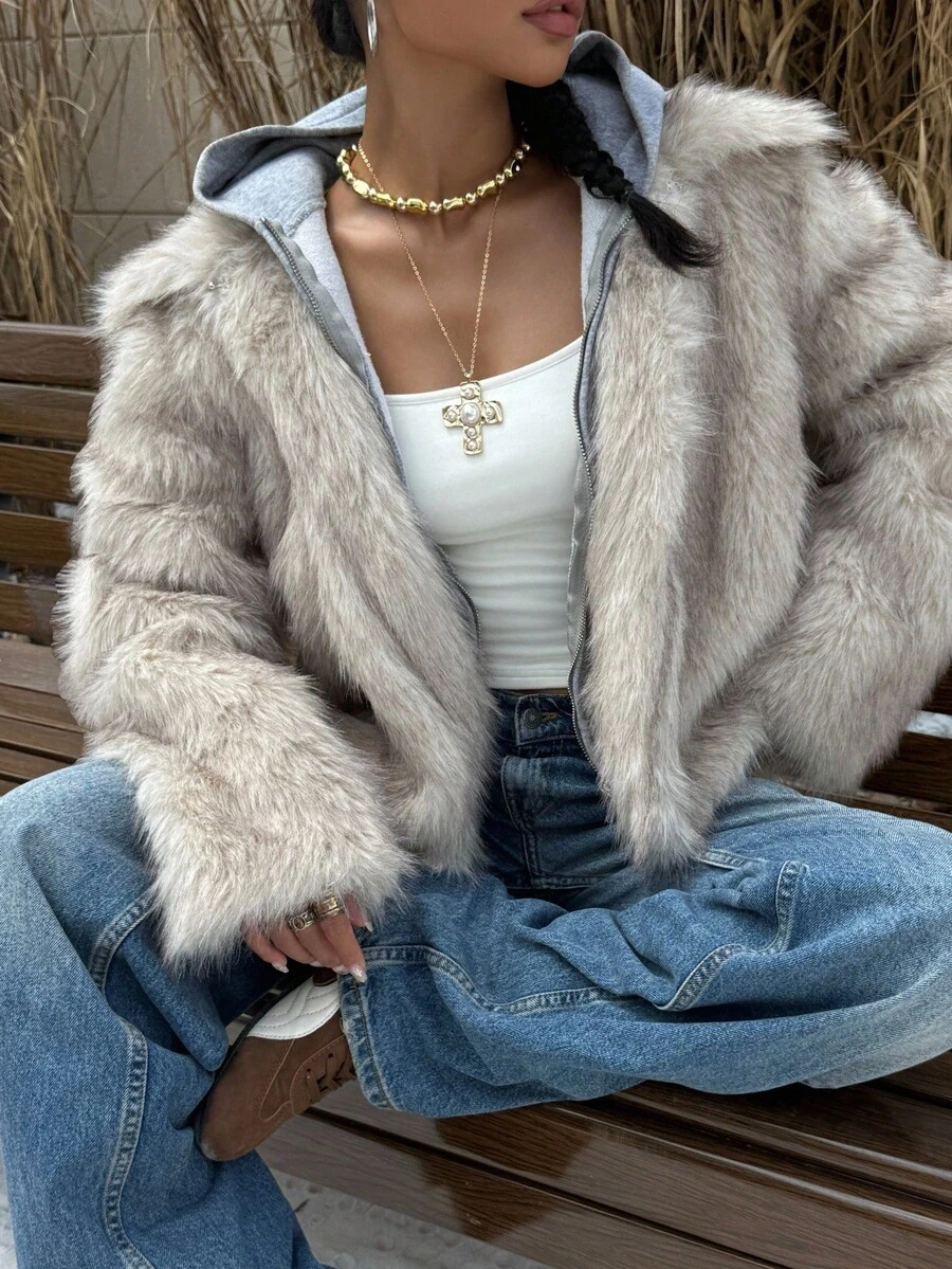 Muchica 女士人造毛皮保暖厚长袖夹克，时尚冬季外套 - 卡其色 - 查看 1