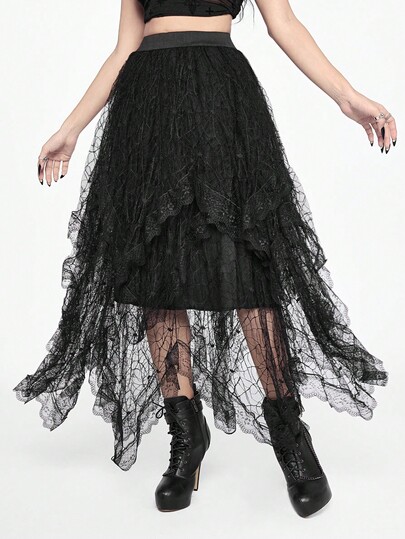 Goth Jupe gothique vintage de palais romantique à plusieurs couches avec garniture en dentelle, motif de toile d'araignée en dentelle contrastée, Halloween