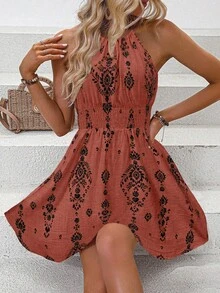 SHEIN LUNE Women's Printed Waist Flared A-Line Vacation & Casual Halter Neck Dress - Redwood - View 3