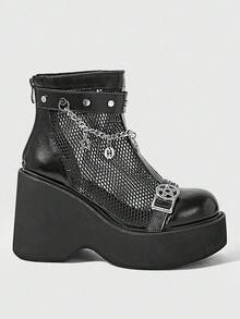 Sugerpunk Women's Fashion Thick-Soled Wedge Heel Ankle Boots, Gothic Star Metal Chain Double Strap Buckle Back Zipper, Black Punk Style Thick-Soled Wedge Heel Ankle Boots - Black - View 11