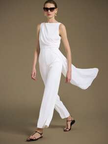 Ontre 2025秋冬季季节女装连衣裙，返校，万圣节，圣诞节，教师装，夜间外出女士纯色圆领褶皱拼接丝带设计无袖优雅连体裤优雅知性女性婚礼宾客礼服套装和美丽的法式宽松高端知性优雅感老钱风格巡航服装度假装四季现代度假游牧休闲时尚百搭女装乡村演唱会服装西方风格女装 - 白色 - 查看 1