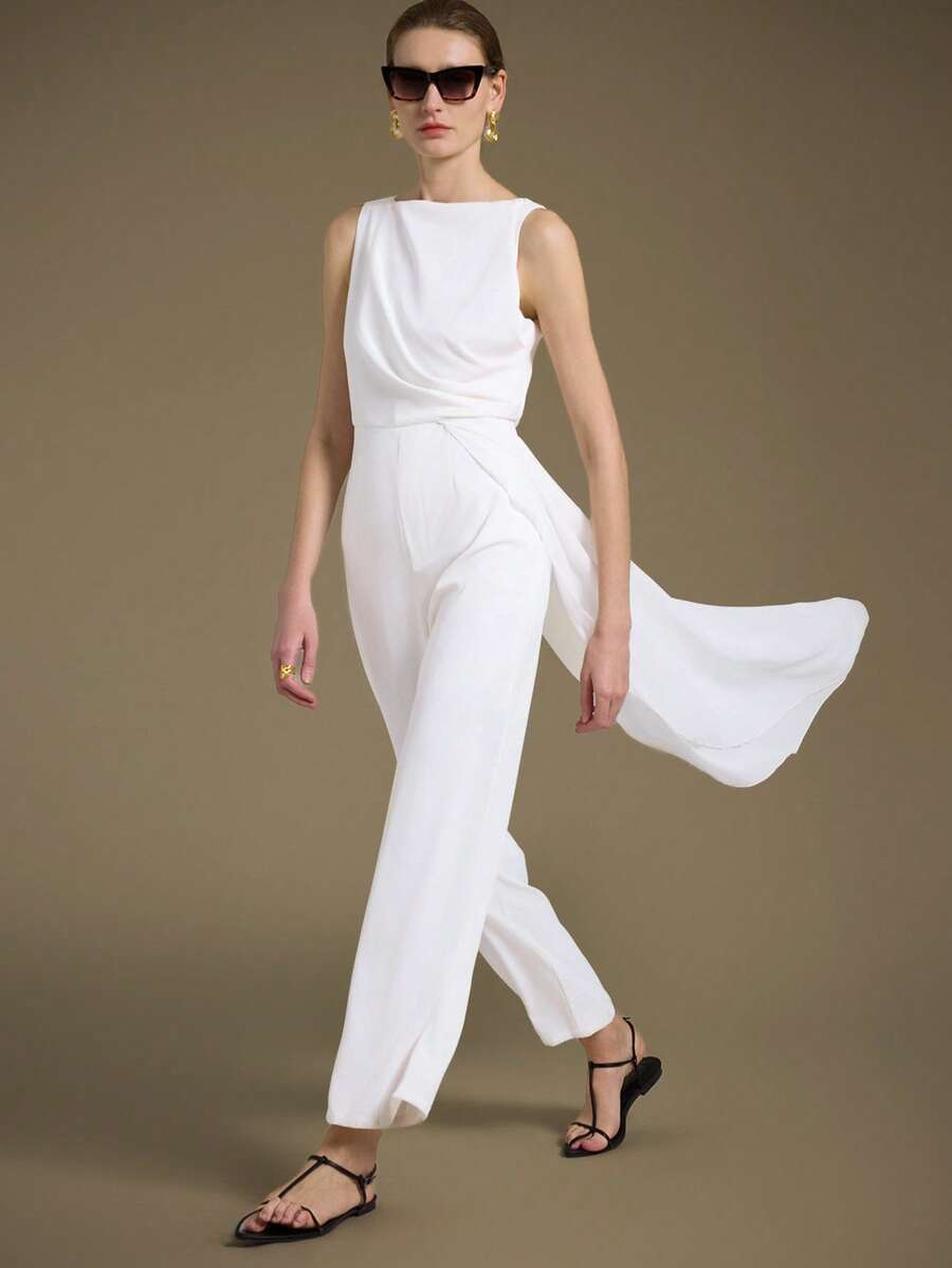 Ontre 2025秋冬季季节女装连衣裙，返校，万圣节，圣诞节，教师装，夜间外出女士纯色圆领褶皱拼接丝带设计无袖优雅连体裤优雅知性女性婚礼宾客礼服套装和美丽的法式宽松高端知性优雅感老钱风格巡航服装度假装四季现代度假游牧休闲时尚百搭女装乡村演唱会服装西方风格女装 - 白色 - 查看 1