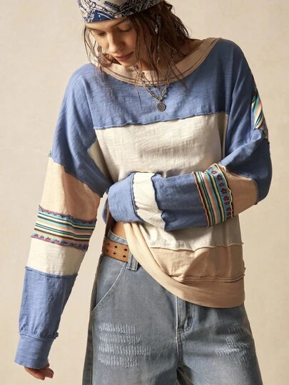 Bohemela 女士休闲针织拼布圆领长袖宽松衬衫