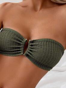 SHEIN Swim Women's Summer Beach Resort Style Solid Color Textured Fabric Ruched Bust Bikini Swimsuit Green - Army Green - View 3