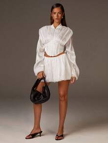 Athîral Women's Autumn White Waist Zipper Elegant Pleated Fishbone Patchwork Lantern Sleeve Jacket - White - View 4