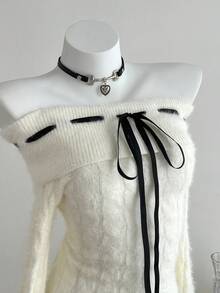 Elamini Sexy Fashion Knot Off Shoulder Fitted Long Sleeve Sweater - White - View 5