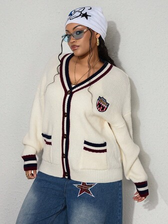 Street Life Große Größen V-Ausschnitt Strickjacke mit Campus- und Straßen-Abzeichen Design, Große Größen