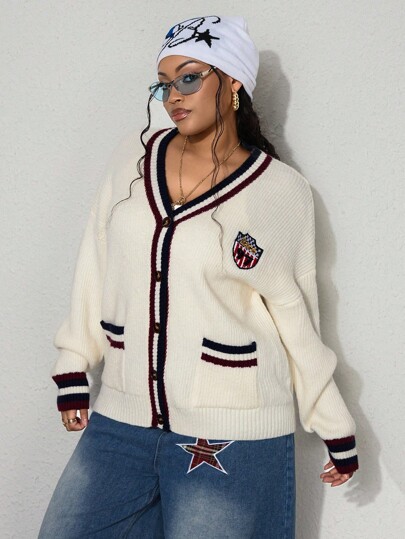 Street Life كارديجان بياقة على شكل حرف V مقاس كبير مع تصميم شارة الحرم الجامعي والشارع، مقاس كبير