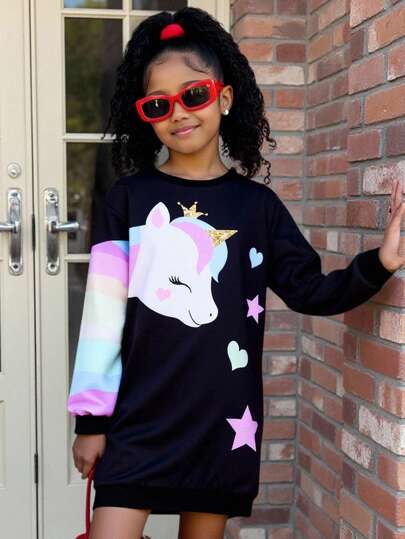 青少年女孩休闲时尚可爱独角兽印花运动衫