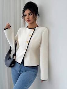 GlowEve 女士时尚优雅黑白撞色边饰简约休闲夹克，秋季 - 杏色 - 查看 8