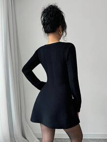 Elenzga 1 件女士休闲日常纯色收腰前扣开衫，秋冬 - 黑色 - 查看 2
