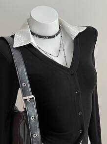 Elamini 1 件女式 V 领二合一腰部喇叭袖口长袖休闲/工作衬衫，黑色和白色 - 黑與白 - 查看 3