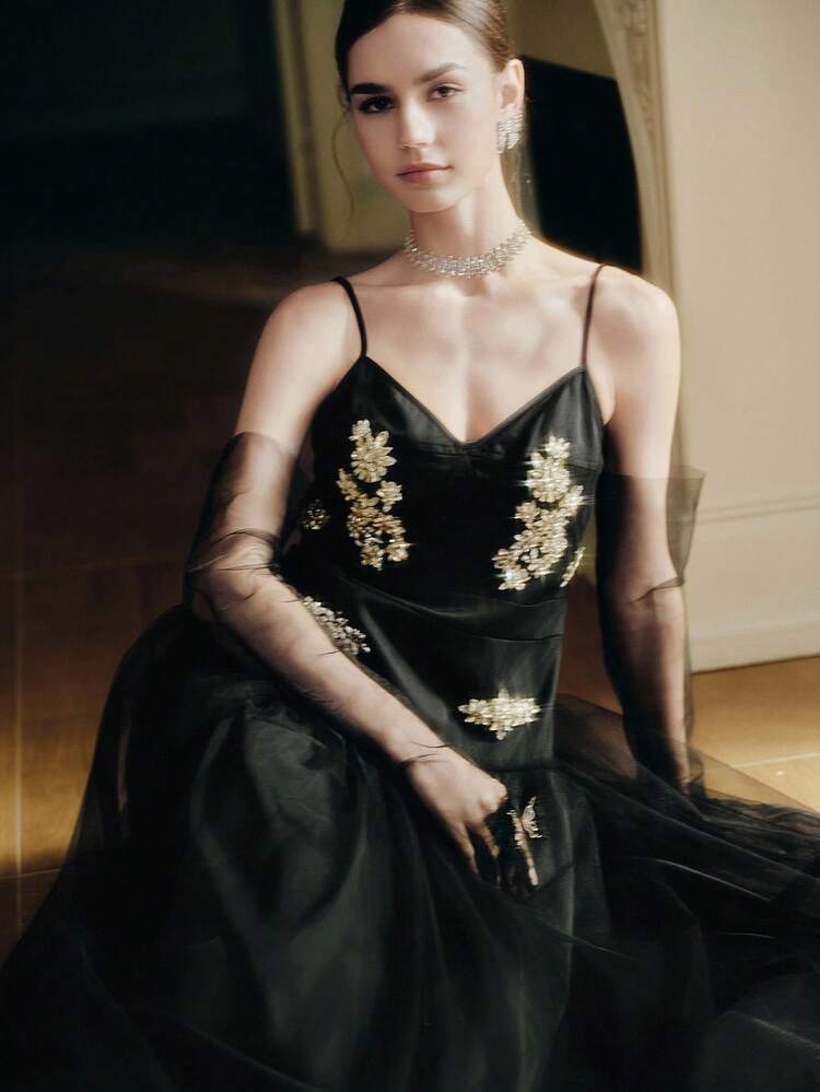 여성용 우아한 쉬폰 모조 다이아몬드 장식 스파게티 스트랩 라이트 칵테일 드레스, 가을 결혼식 하객 드레스