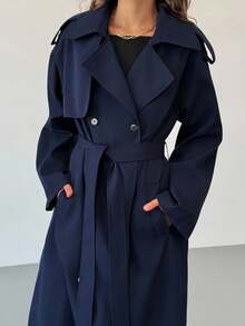 Aloruh 女式长袖风衣，带口袋，收腰，海军蓝，秋冬 - 藏蓝色 - 查看 6