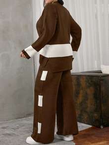 EURMUSE Women's Color Block Knitted Sweater Two Pieces Set - Brown - View 2